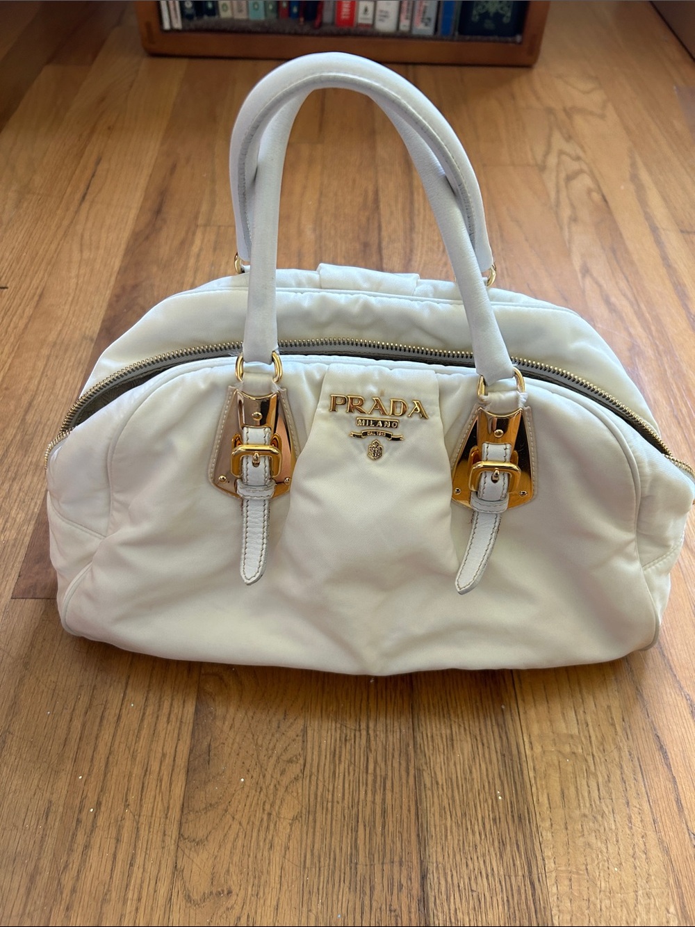Prada White Nylon Tessuto Satchel with Gold Hardware Accents